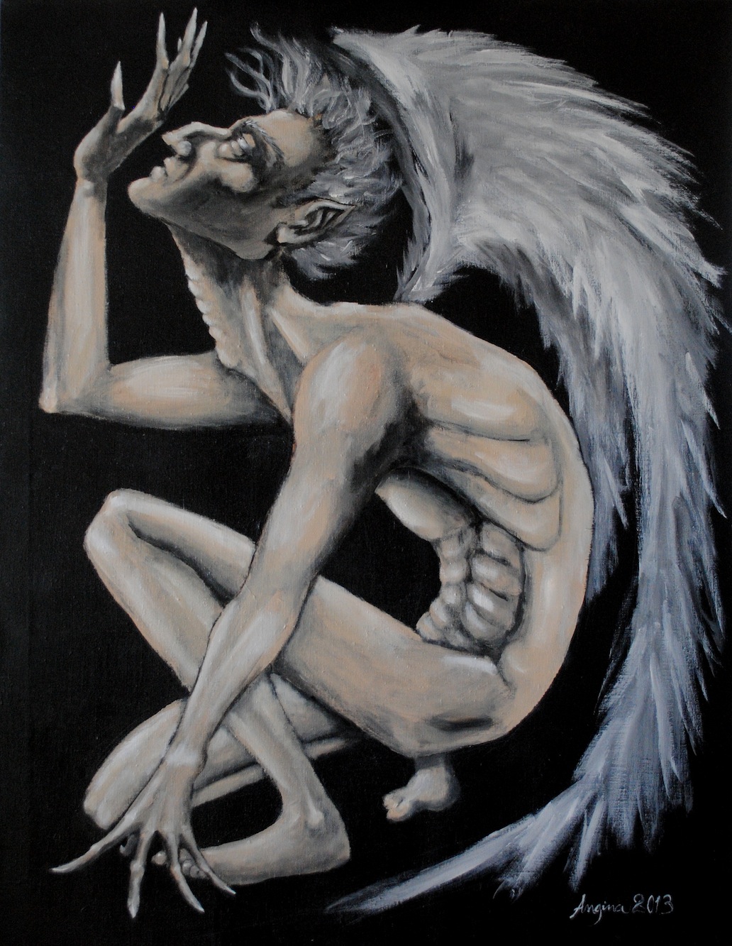 Semjaza crouching, wings spread, 2013 painting